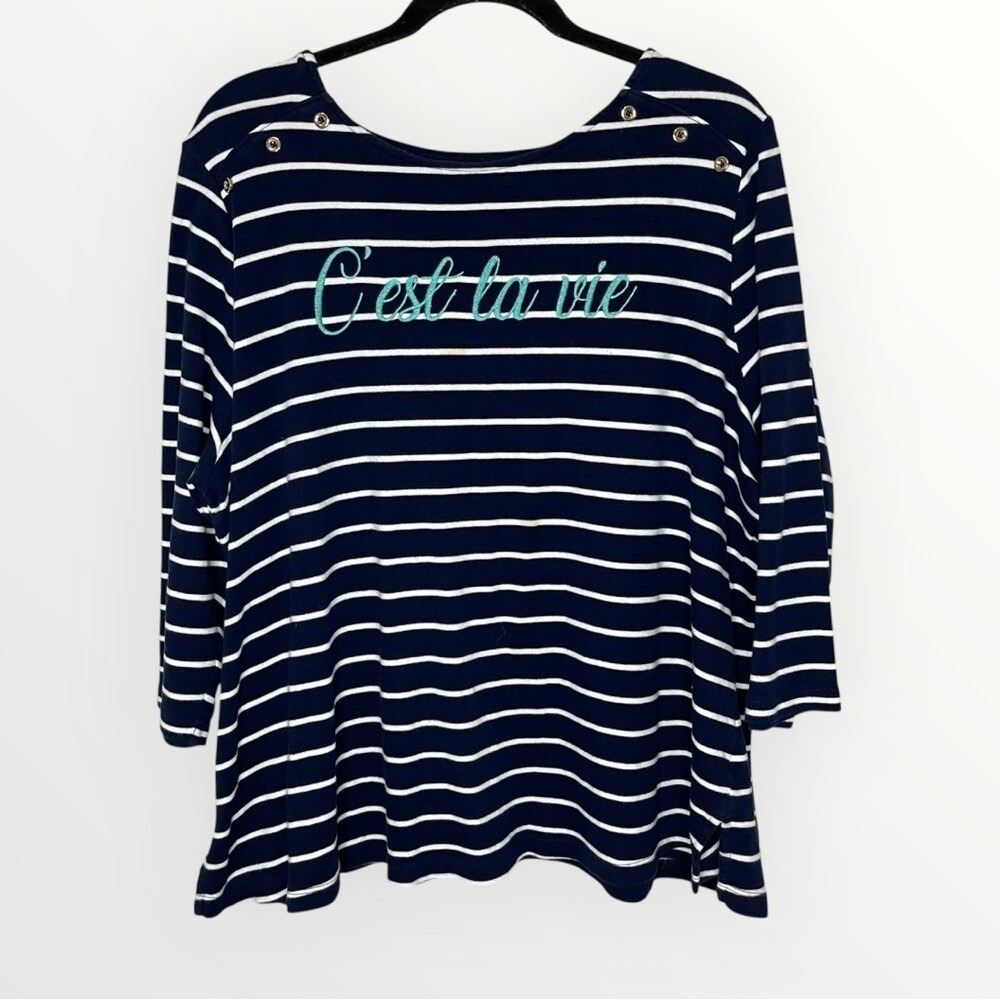 KIM ROGERS C'est La Vie Striped 3/4-Sleeve Cotton Top, 2X